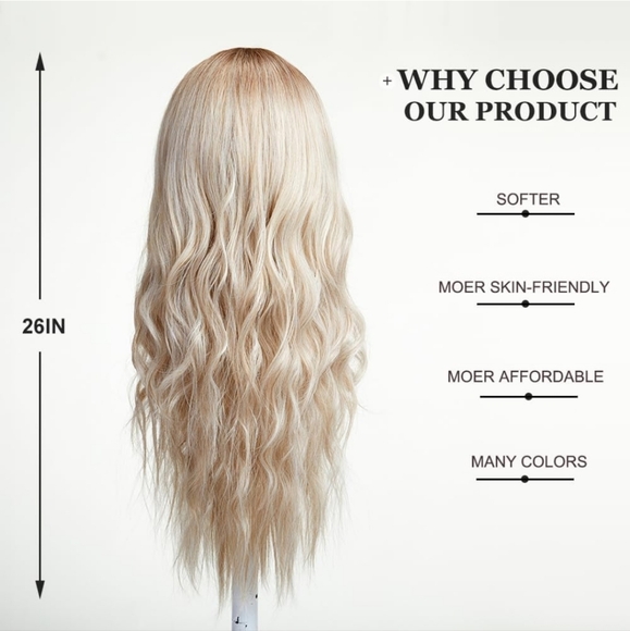 Long Wavy Ombre Brown to Blonde Wig with Fringe Natuaral Synthetic Hair 26 inche - Picture 4 of 5